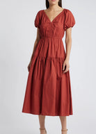 Moon river red orange Puff Sleeve Tiered Midi Dress