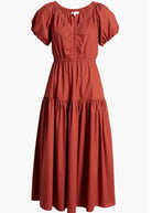 Moon river red orange Puff Sleeve Tiered Midi Dress