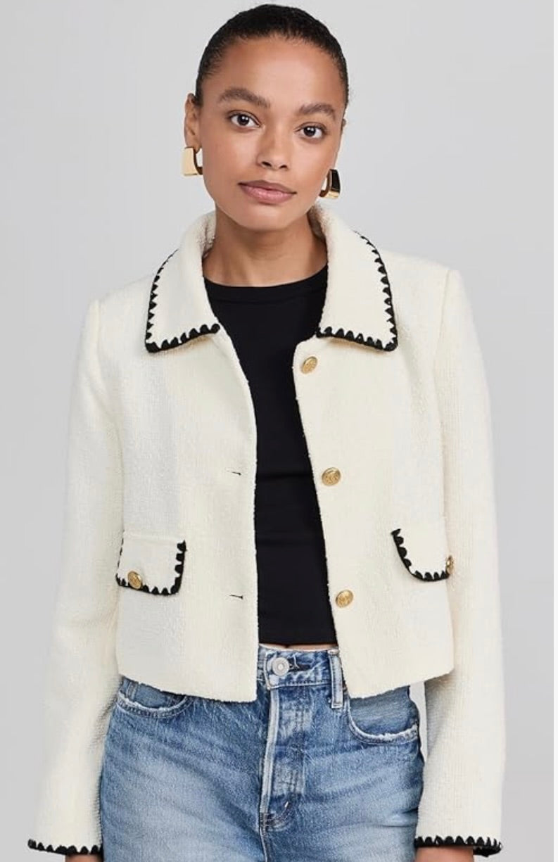 white moon river cropped blazer with black trim and gold buttons