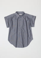 striped white and blue jean gray half button top with collar and cuffed sleeves 