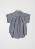 striped white and blue jean gray half button top with collar and cuffed sleeves 