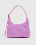 pink peony colored nylon baggu shoulder bag sitting against
blank white background 