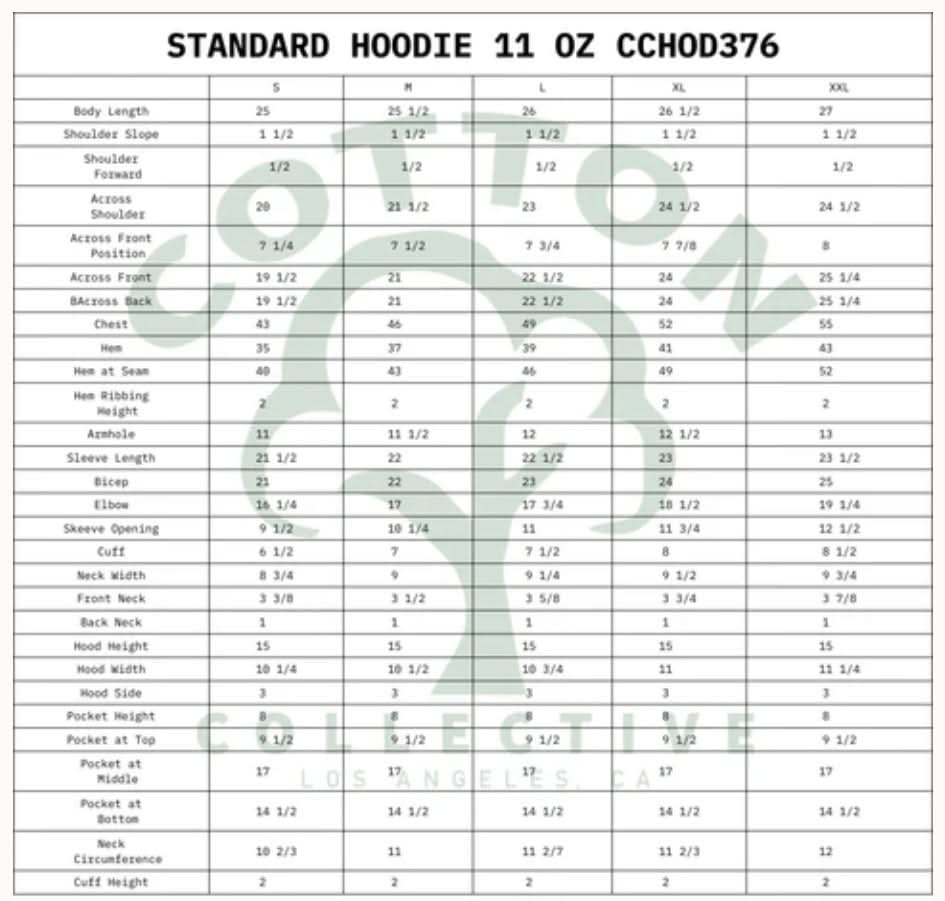 Standard hoodie sizing guide for cotton collective sweatshirts and zip up’s 