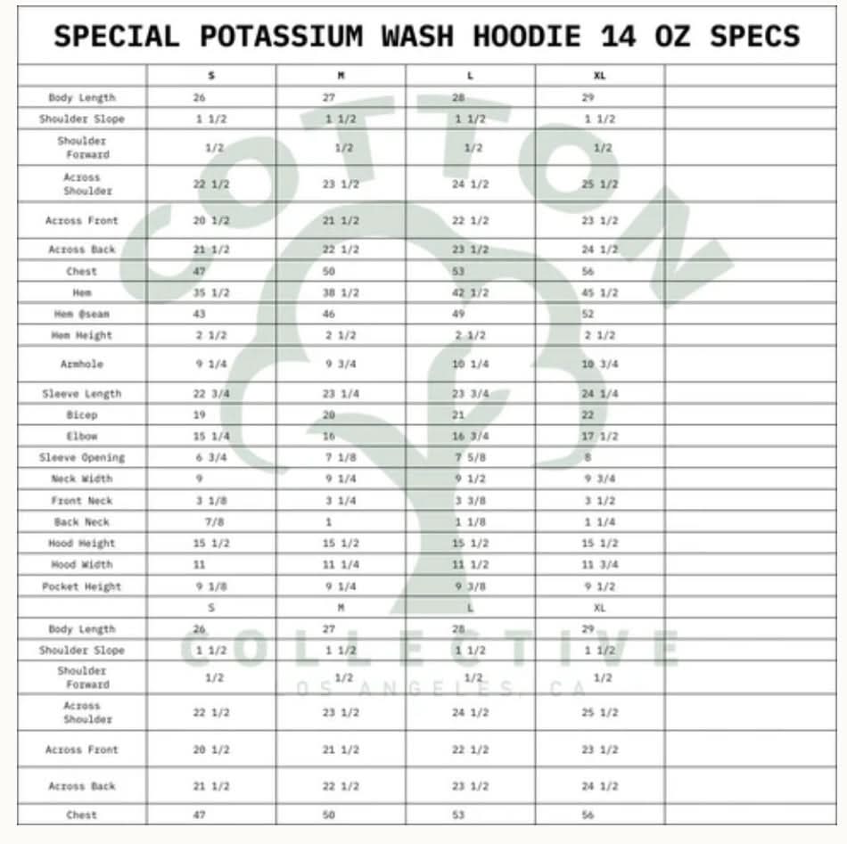 Special potassium wash hoodie with correct sizing guide for cotton collective sweatshirts and hoodie