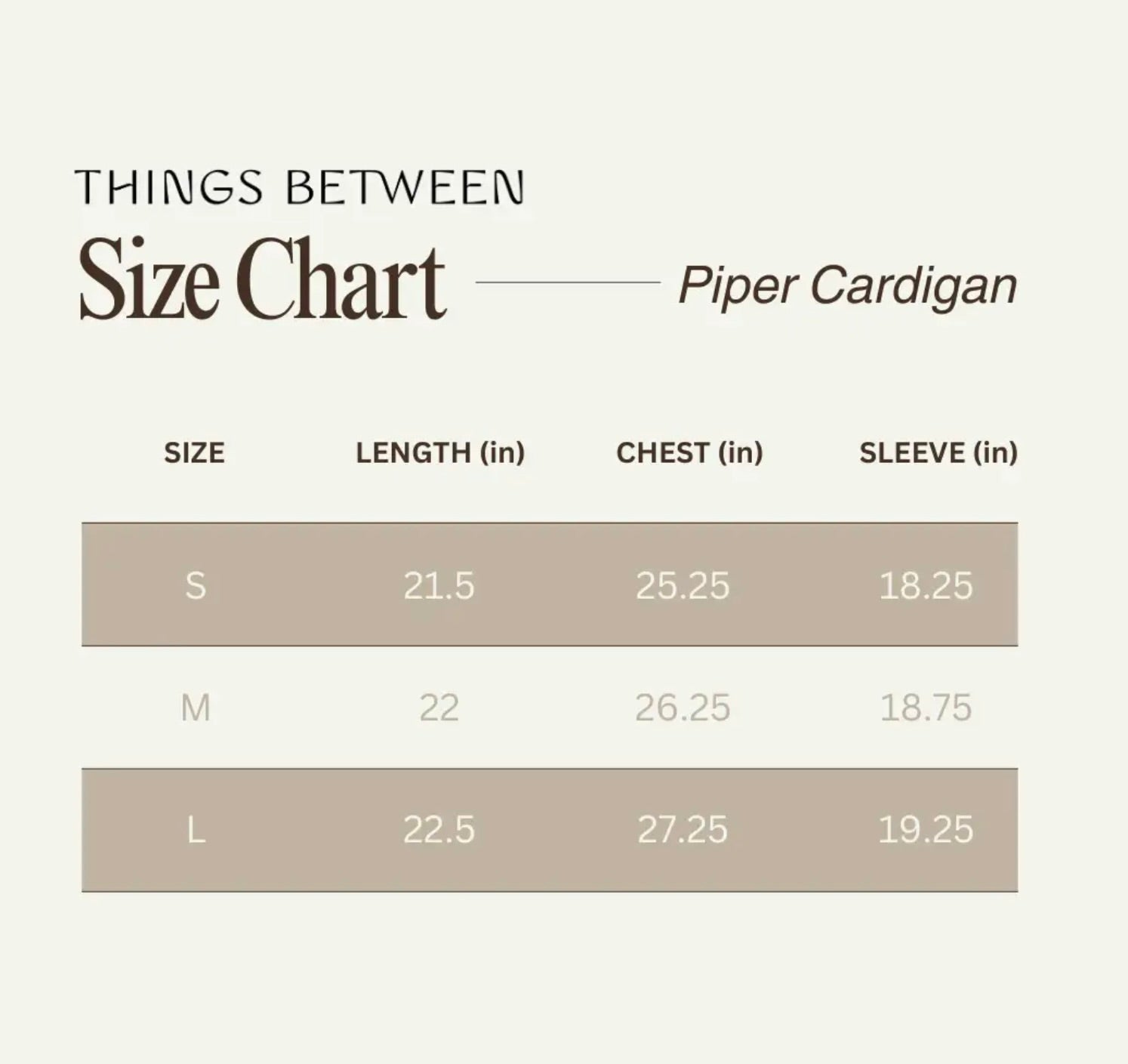 Size chart of Piper Cardigan