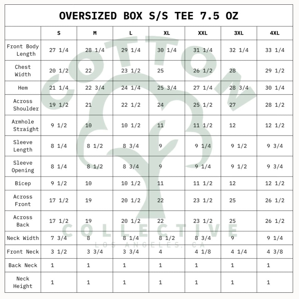 Size chart for oversized box short-sleeve tee with measurements in inches.