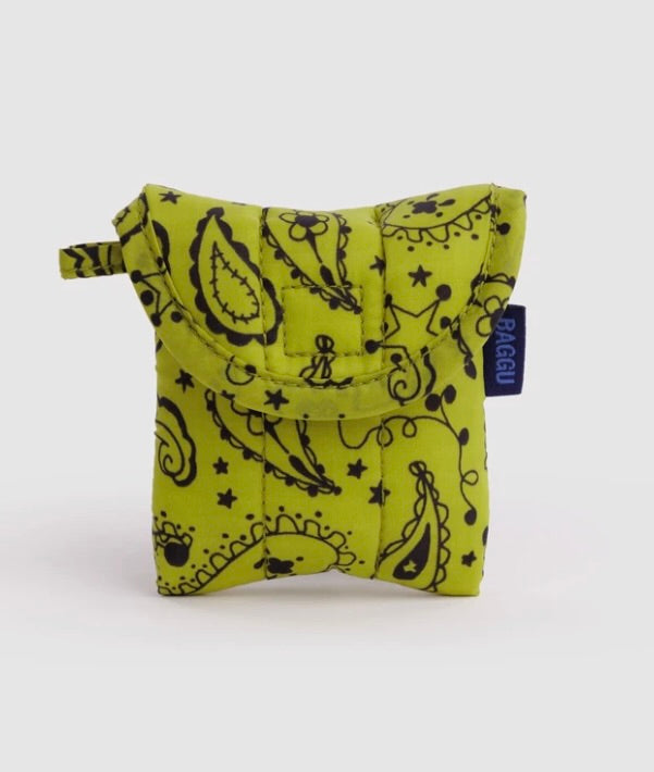 A lime green quilted pouch with a black paisley pattern and a small blue brand tag reading PACEQU, shown on a light gray background.