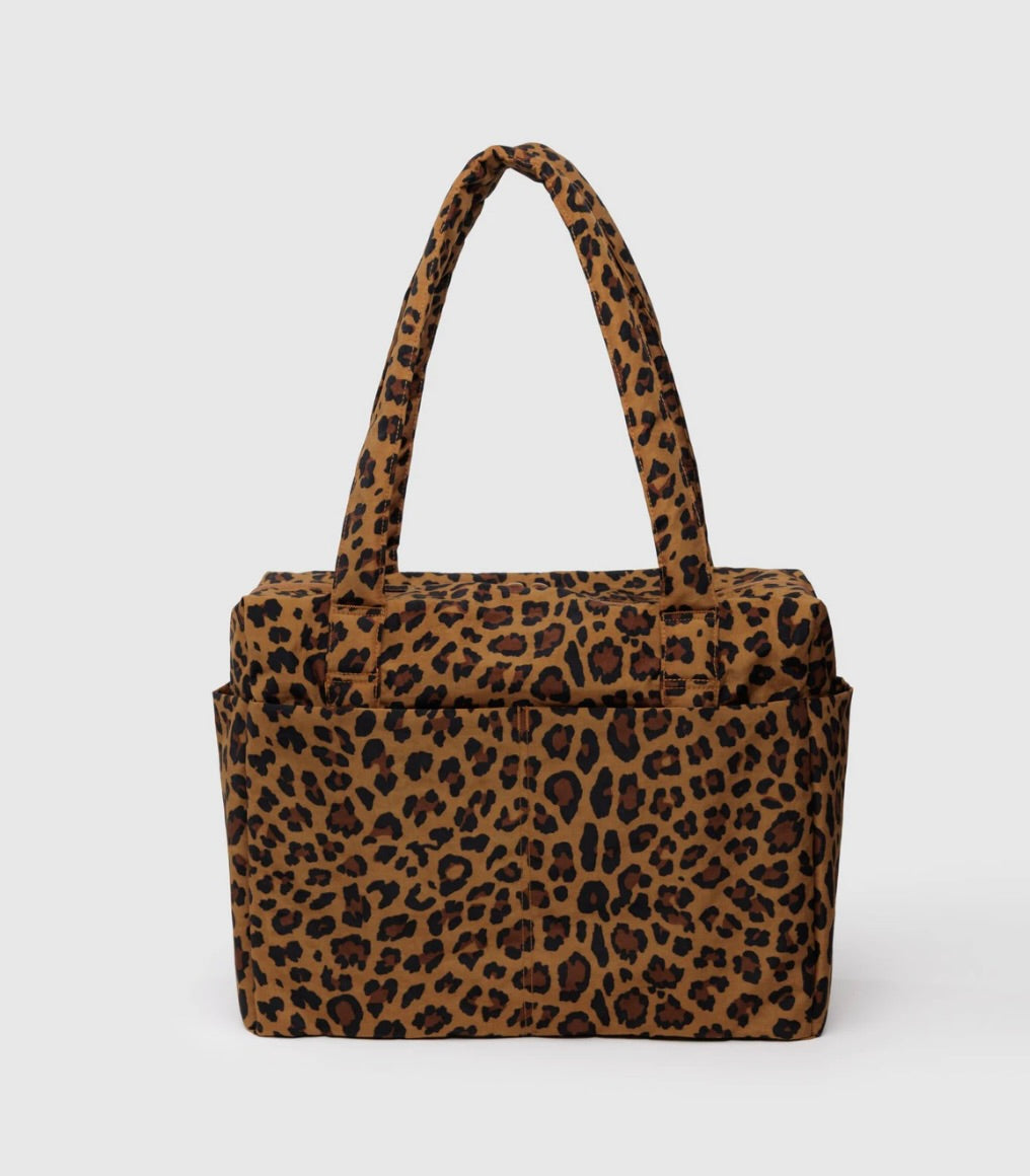 Leopard print handbag on a light gray background