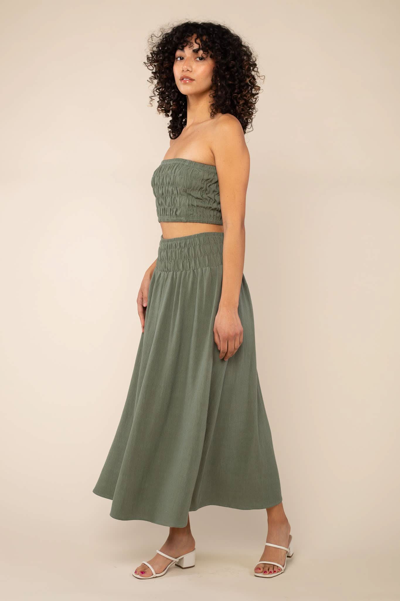 Sage Green Smocked Tube Top and Maxi Skirt Co-ord Set