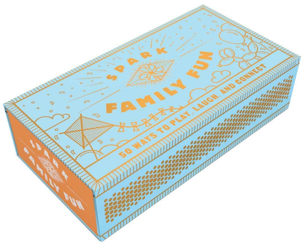 A light blue and orange rectangular box for the Play, Laugh, and Connect