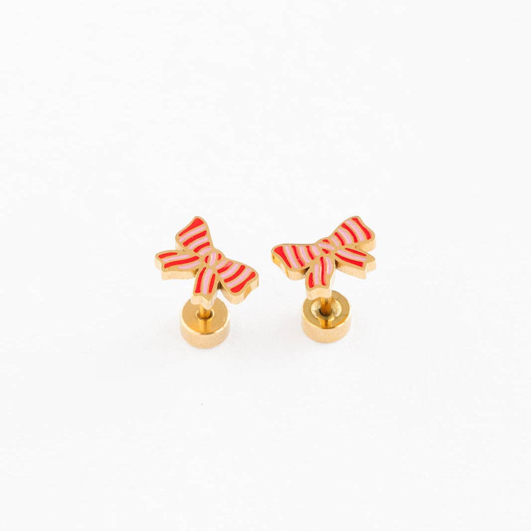 Pair of bow-shaped earrings with gold and ribun stye design