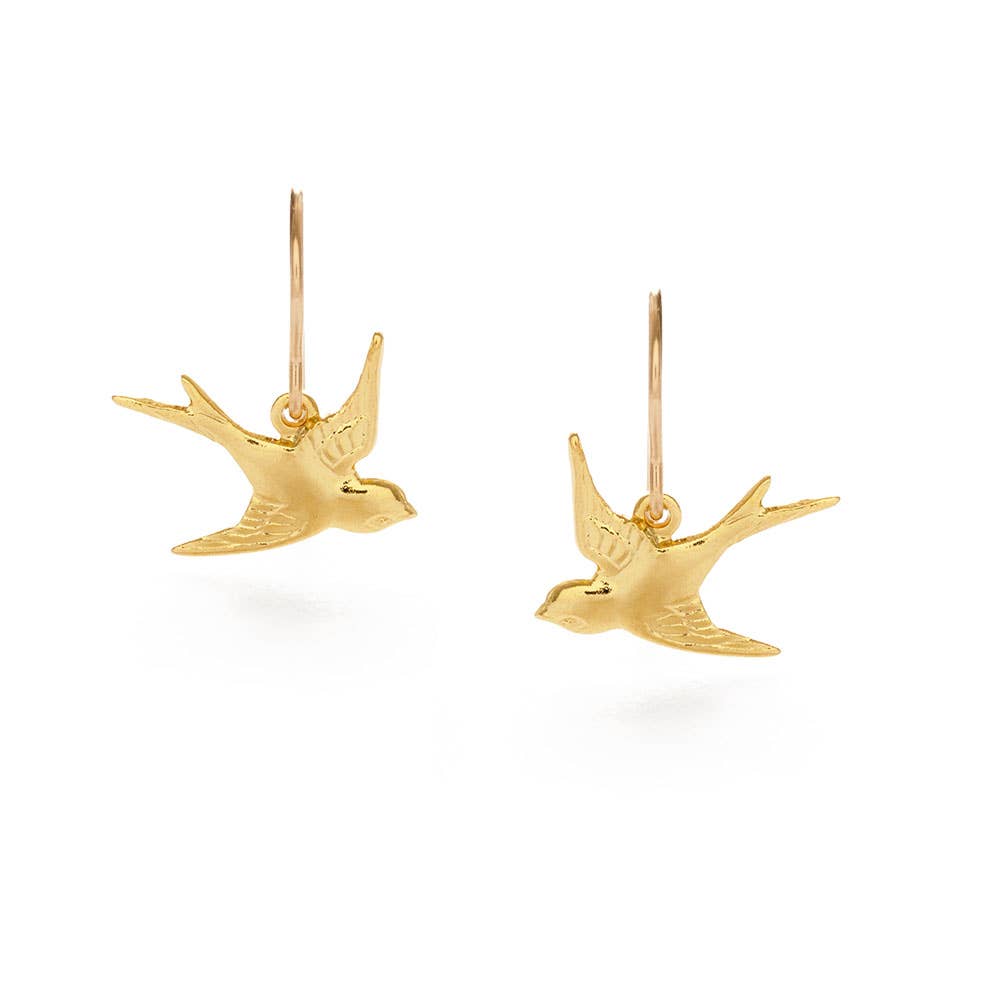 Swallow-Bird-Drop-Earrings - A pair of shiny, polished gold-tone.