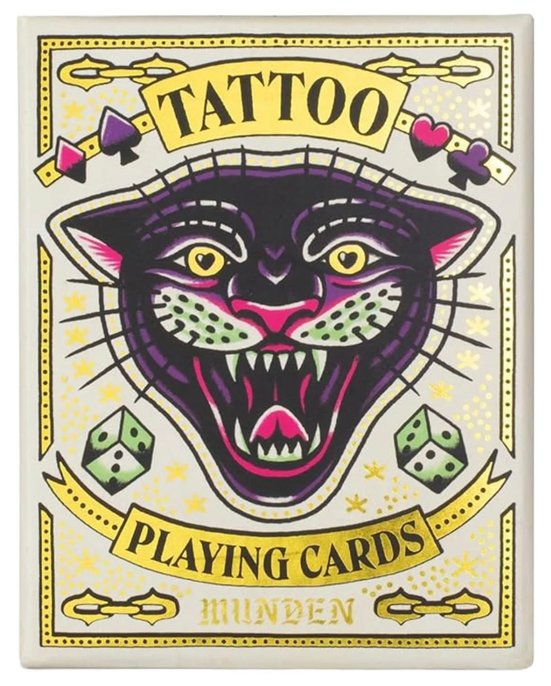 Tattoo Playing Cards box black panther head and gold banners.