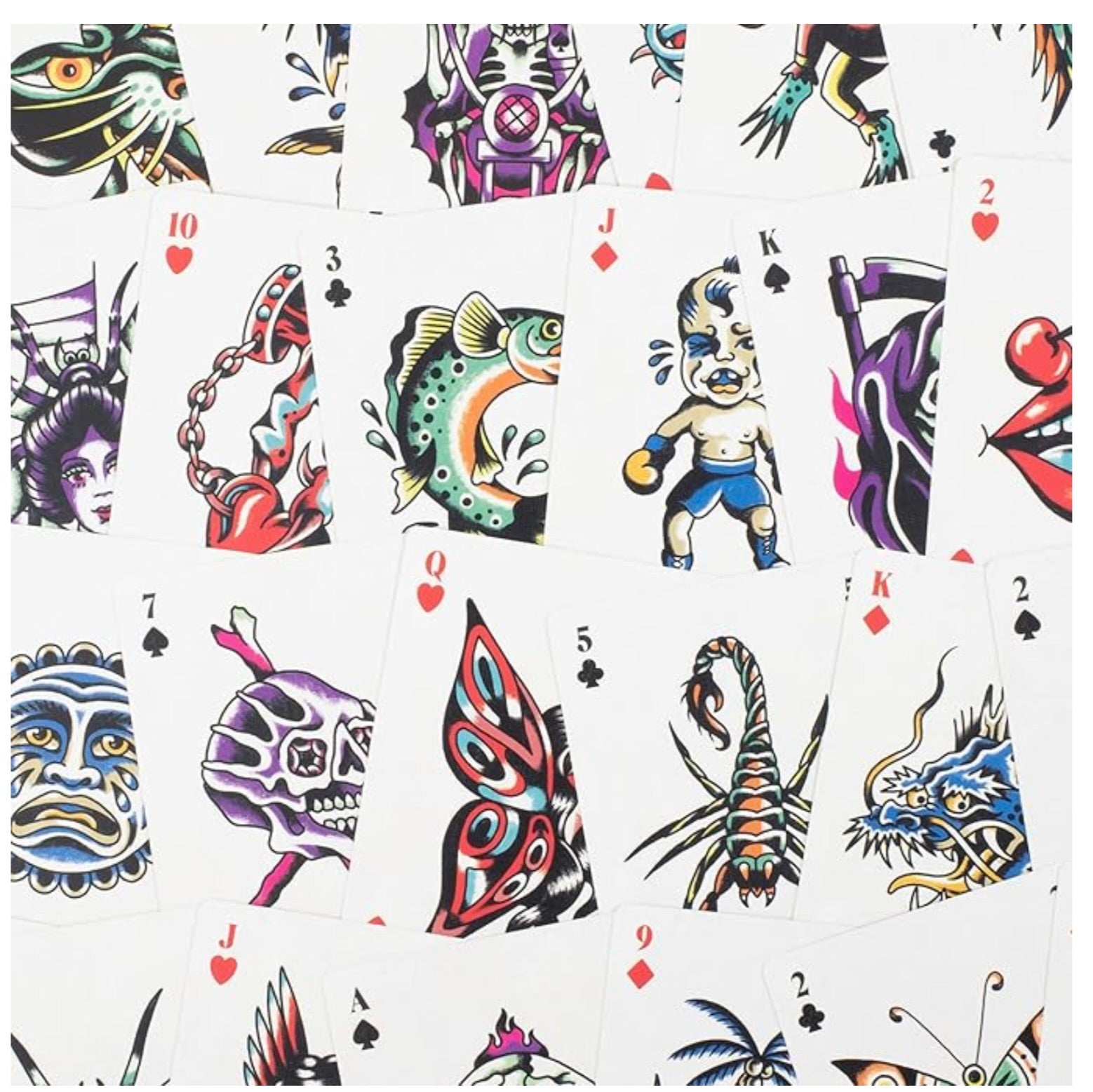 Tattoo Playing Cards artwork on different card ranks and suits.