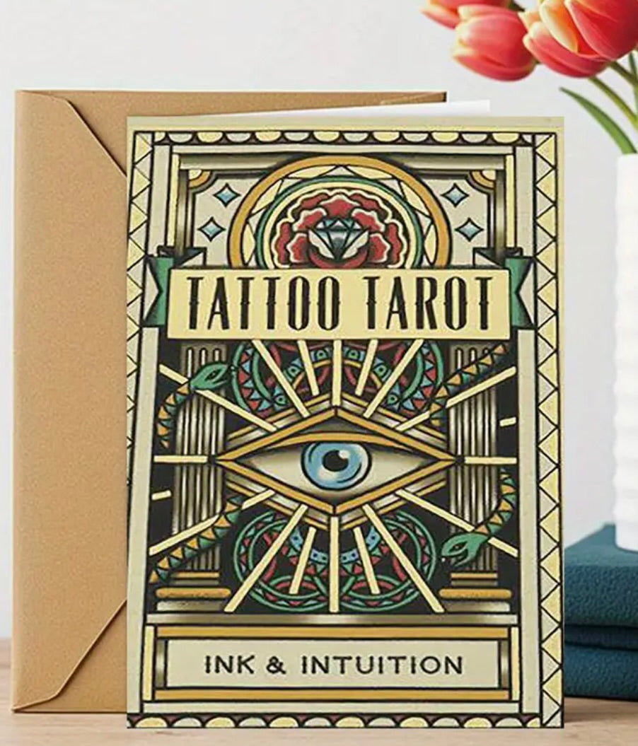 Tattoo Tarot card with decorative design and 'Ink & Intuition' text, featuring a brown envelope.