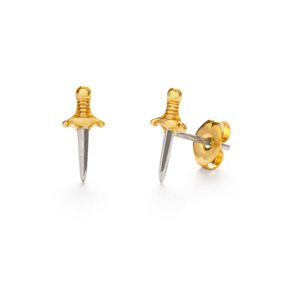 Tiny dagger stud earrings with gold handle and silver dagger 