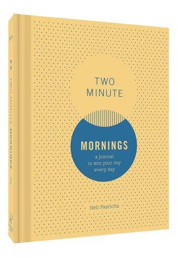 Journal titled 'Two Minute Mornings' with a blue circle on a yellow background