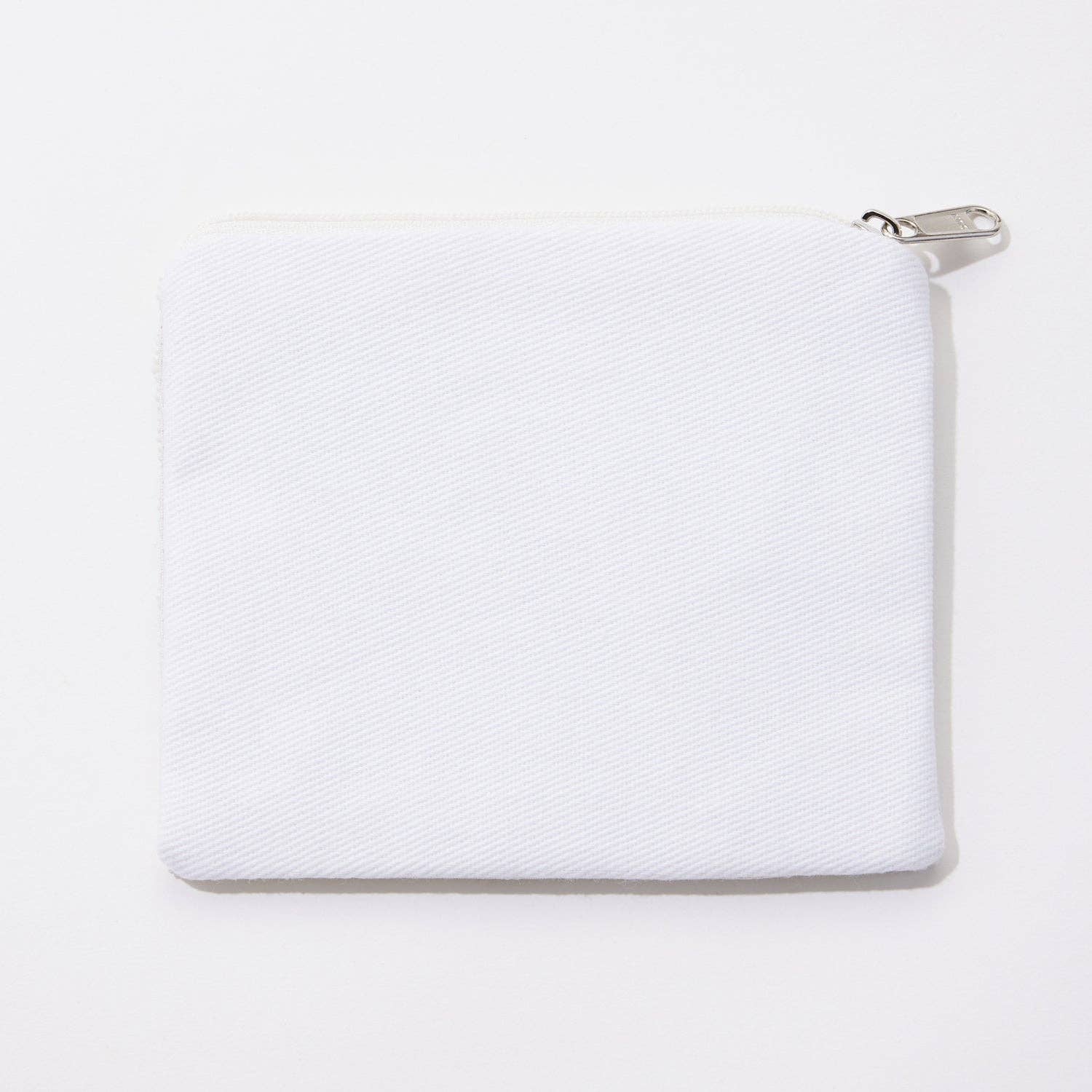 White rectangular pencil pouch with a silver clasp on a white background