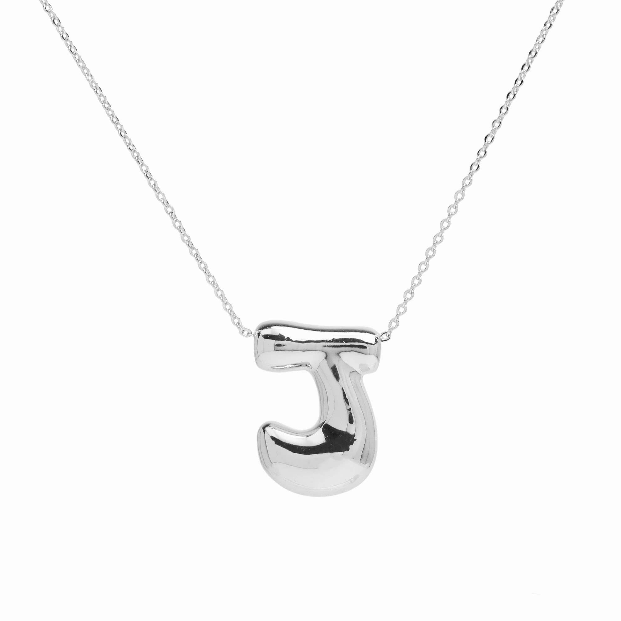 Silver water droplet style initial necklaces with all 26 letters a through z featuring the letter J