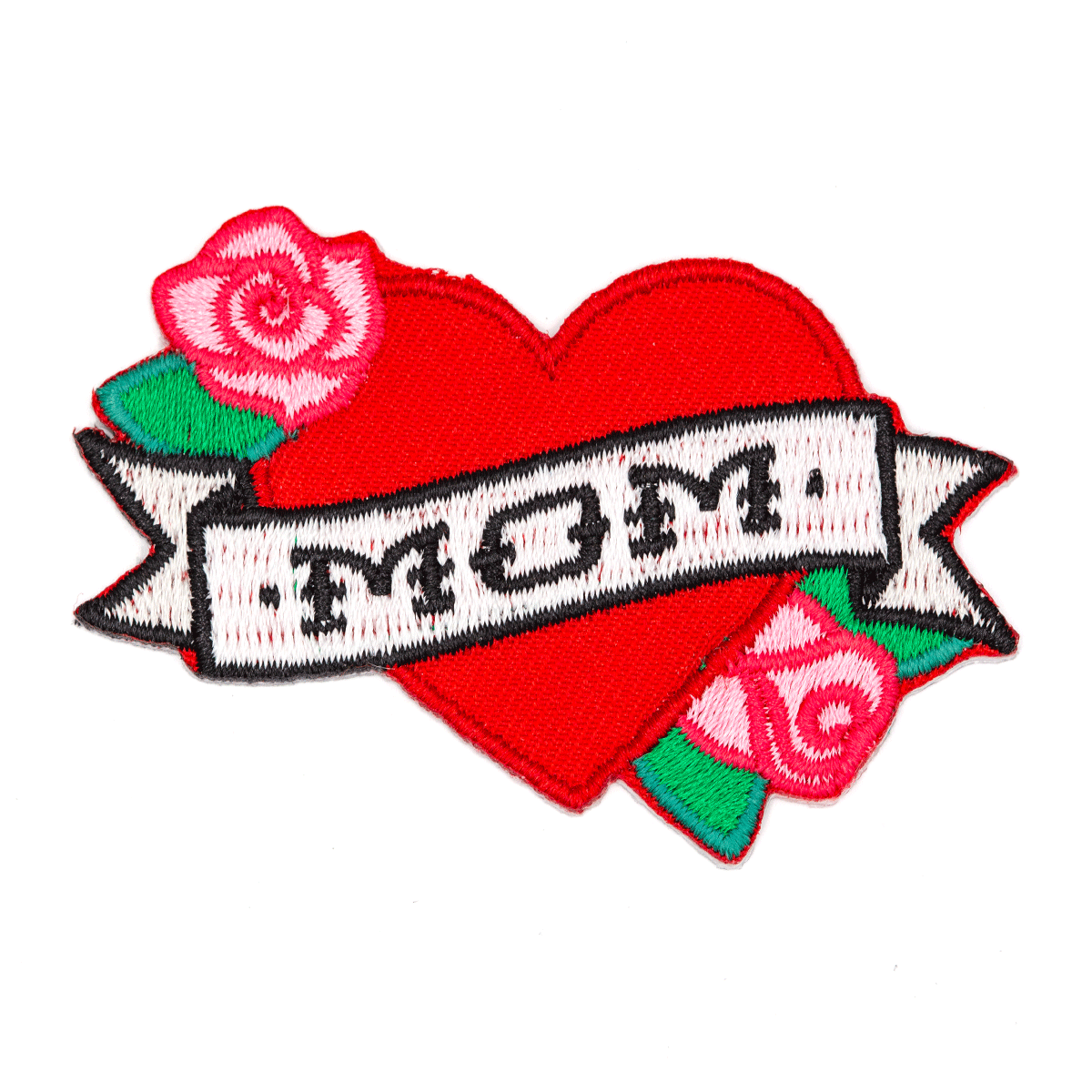Heart-shaped patch with 'Mom' banner and roses on a white background