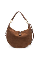 Chestnut brown, real suede bag with gold embellished details and multiple strap options 