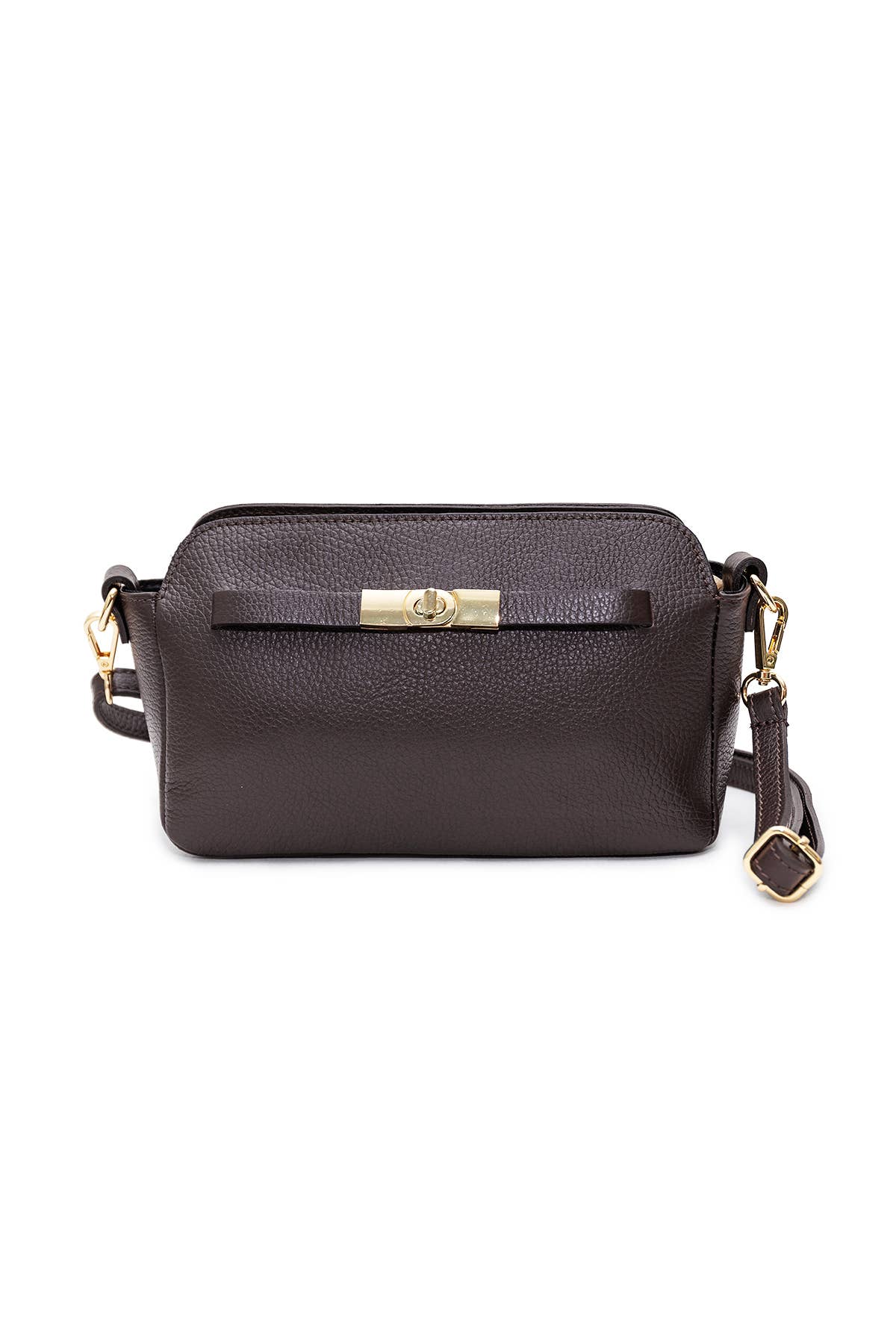 A black textured leather crossbody bag with a gold-tone turn-lock clasp and a small hanging charm, shown against a plain white background.