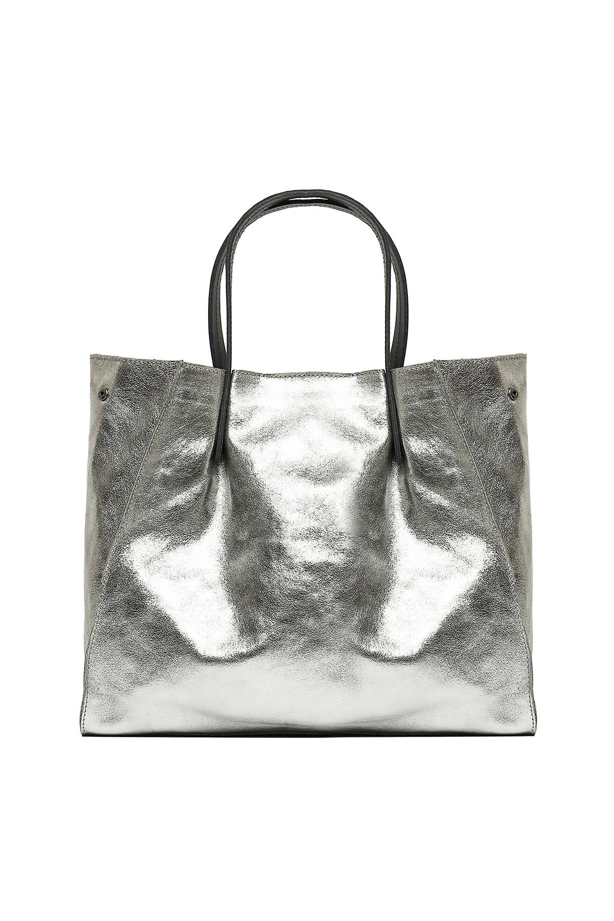 silver metallic leather handbag with black strap and silver buttons