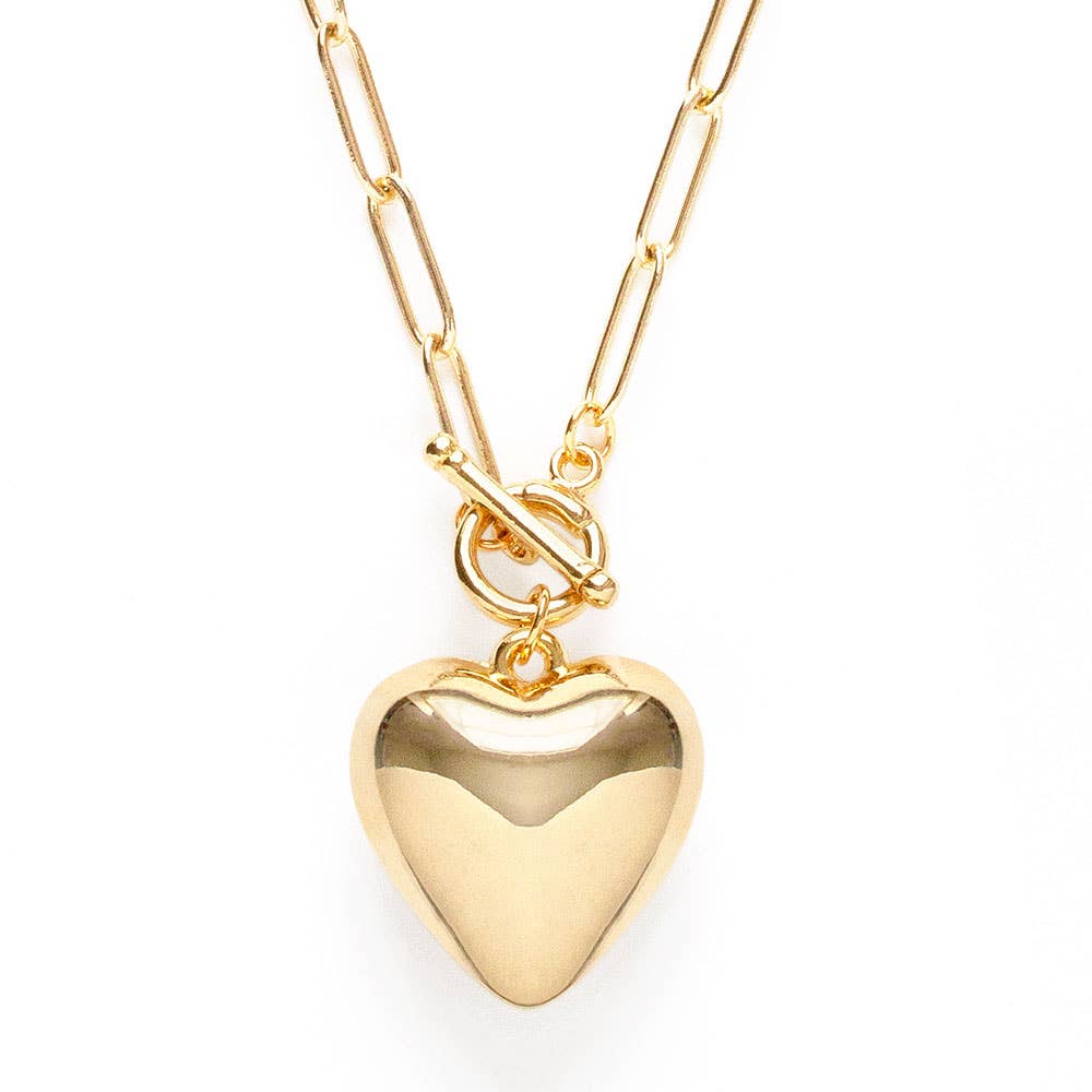 gold 90's puffed heart necklace with toggle clasp