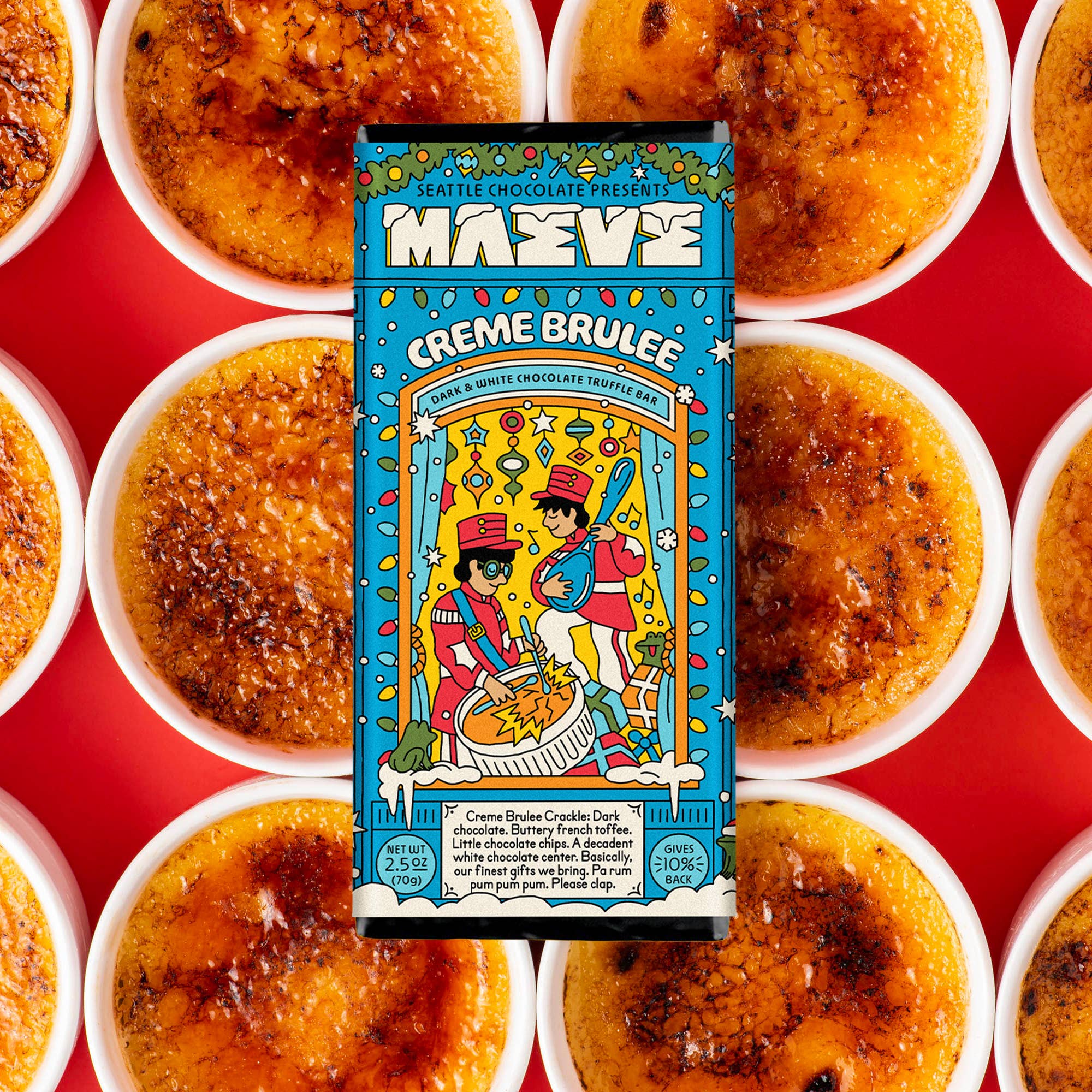 Mavee Creme Brulee packaging with creme brulee desserts on a red background