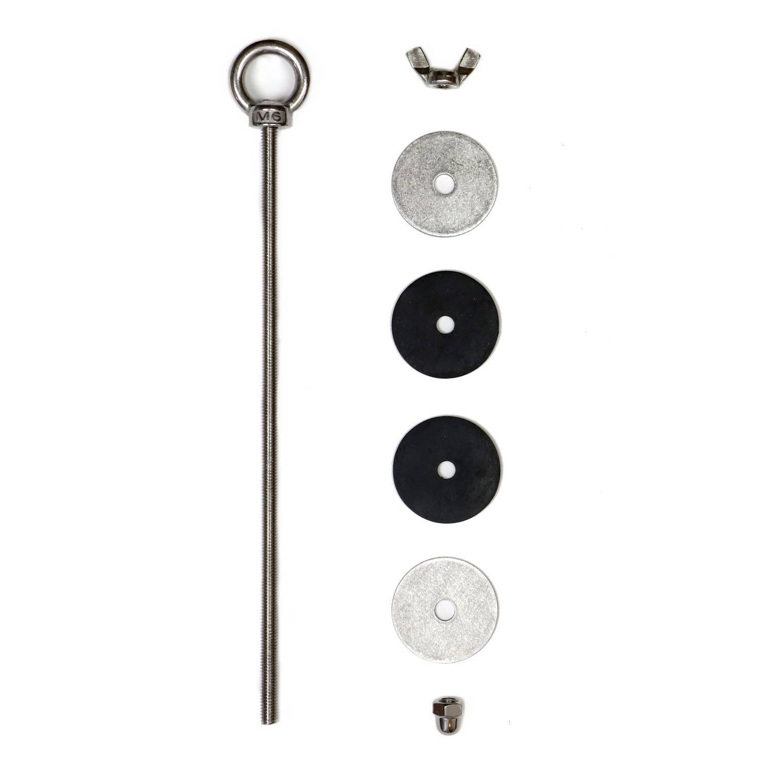 Set of metal components including a long rod with eye bolt, washers, and clips on a white background.