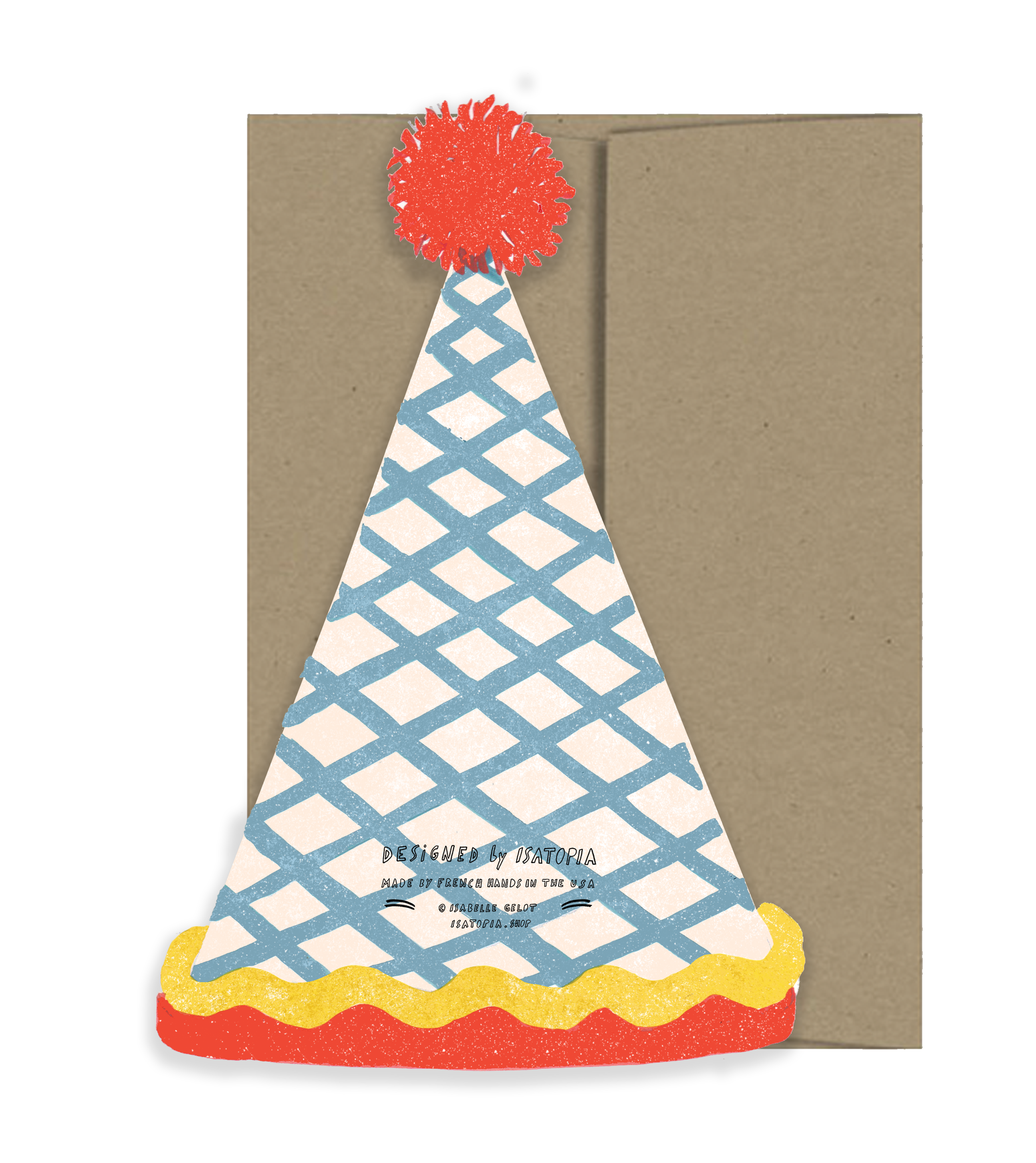 Greeting card with a colorful party hat design on a brown background