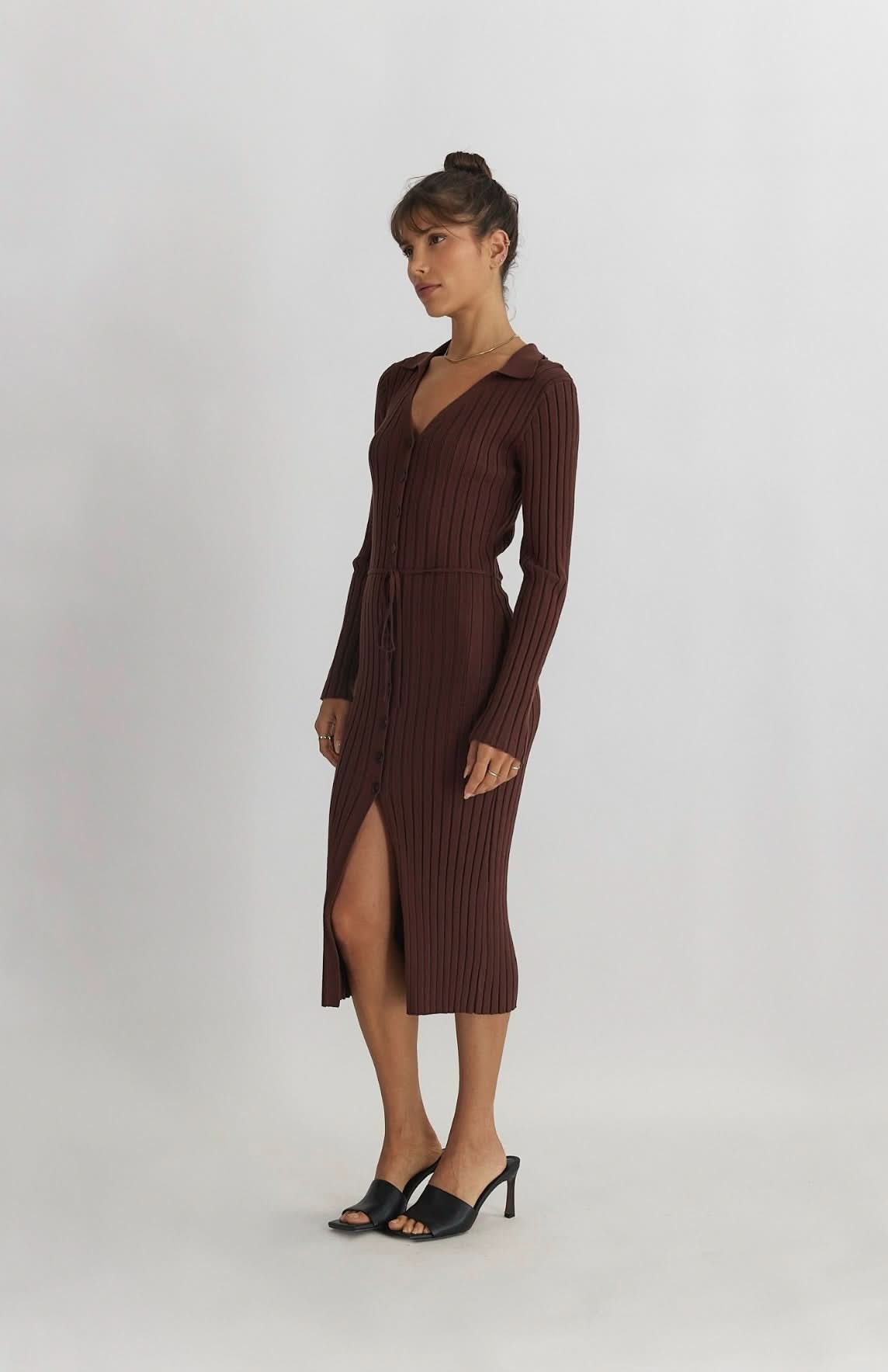 Brown all:row The Dana Dress featuring long sleeves, tailored bodice and midi length