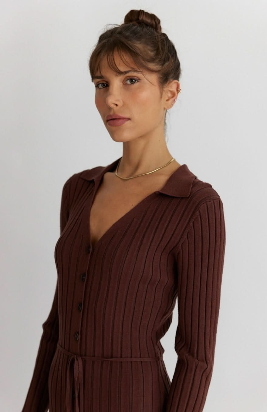 Brown v-neck midi shirt dress with collar and belt — all:row The Dana Dress