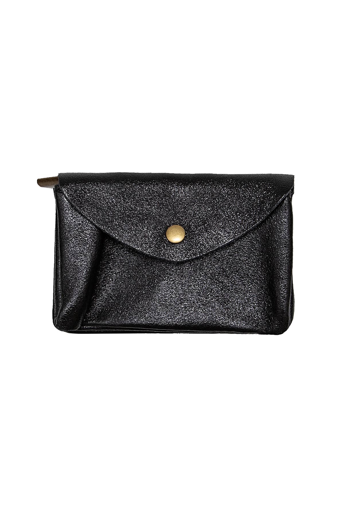 A black textured envelope-style clutch bag with a gold snap button closure, shown flat against a plain white background.