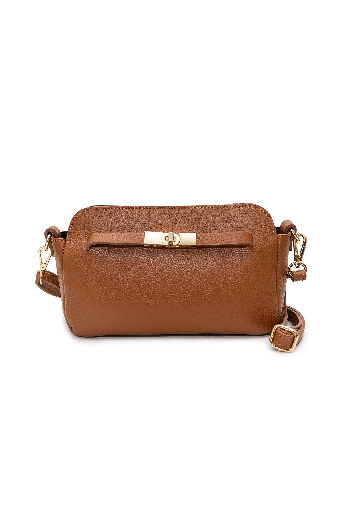 A brown pebbled leather crossbody bag with a gold-tone turn-lock clasp and matching gold-tone hardware, shown against a plain white background.