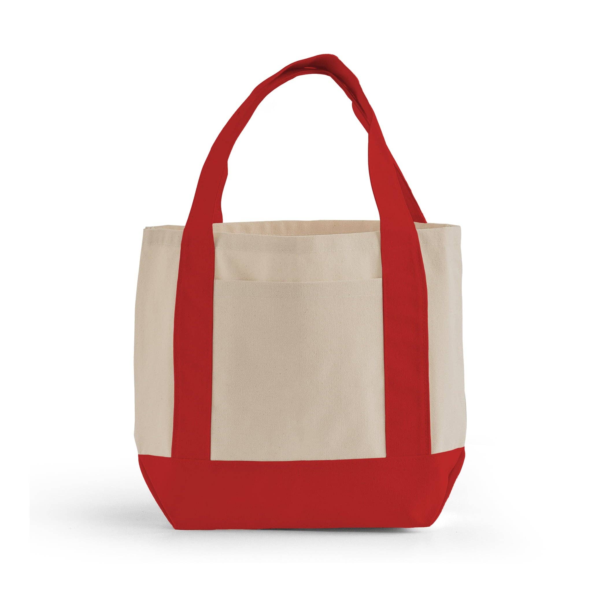 Red and beige tote bag on a white background