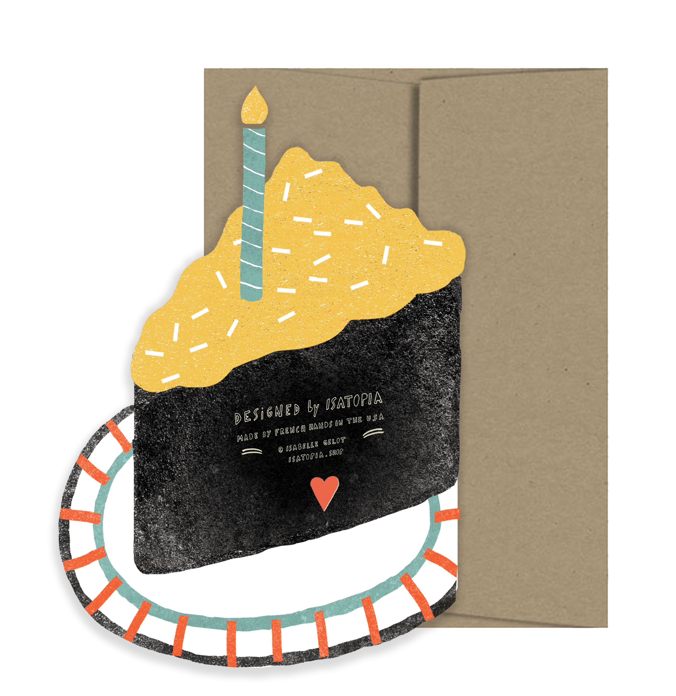 Slice of cake card on a plate with a brown envelope. 