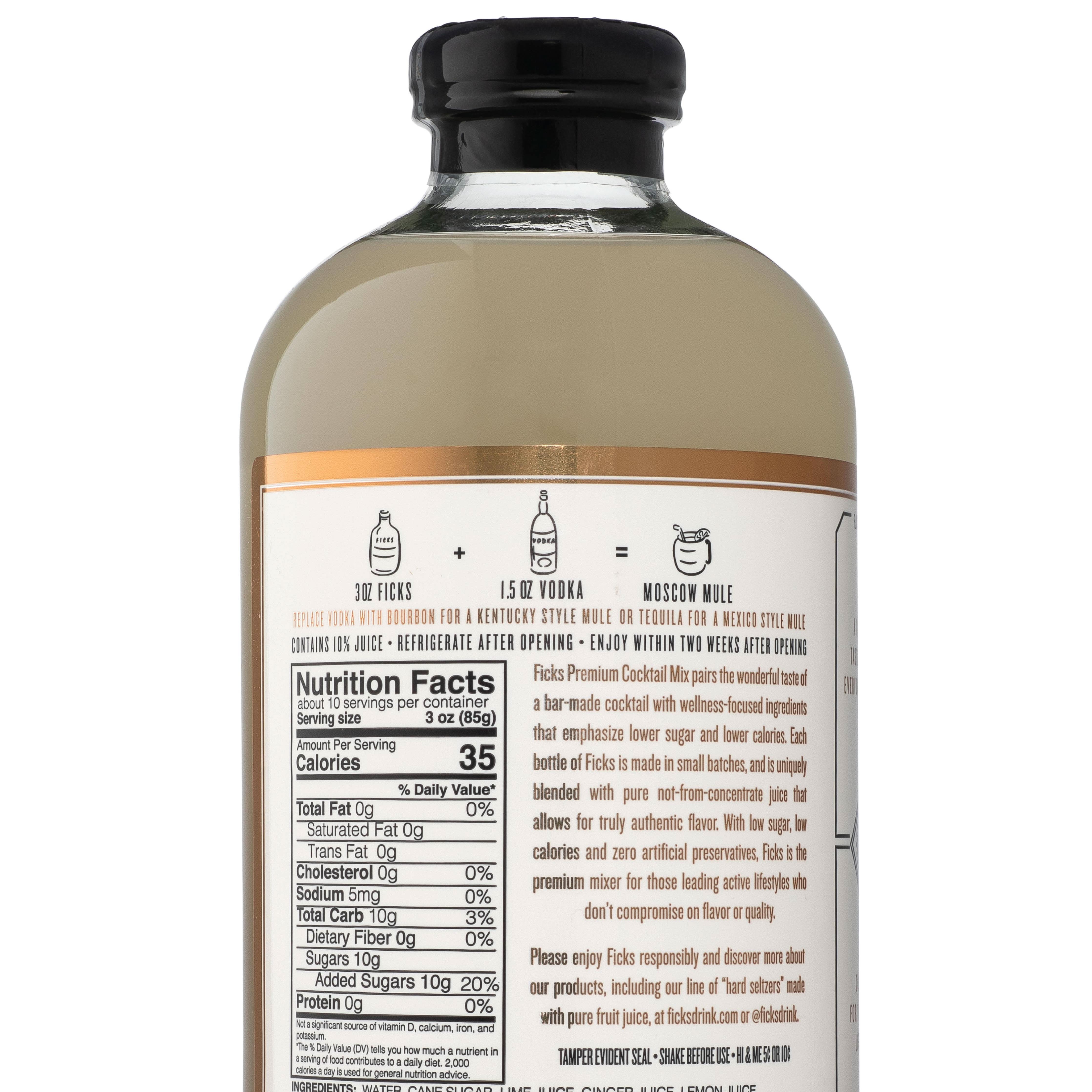 Glass bottle containing yellow cocktail liquid with ingredient label pictured 