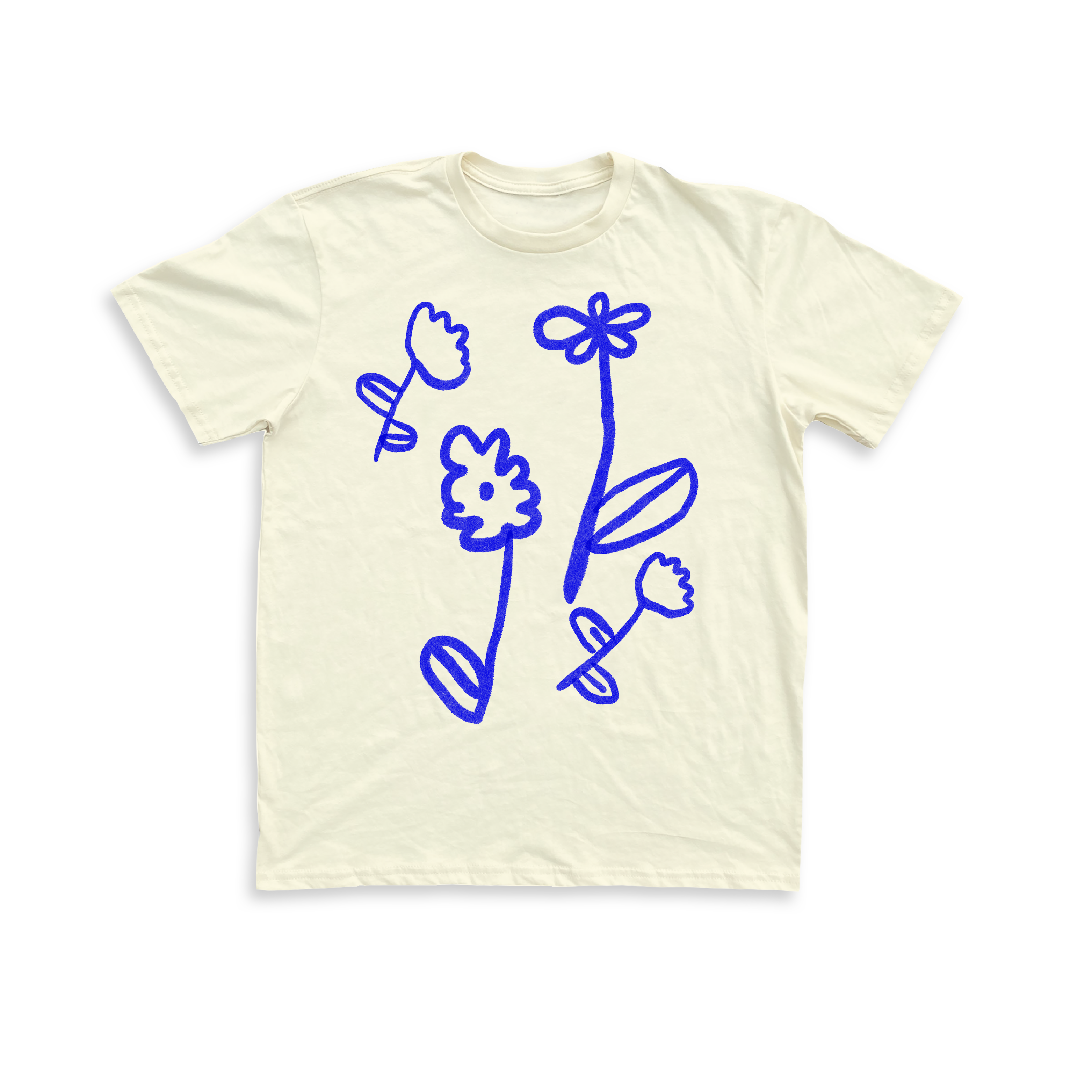 White t-shirt with four lightning blue colored flower doodles 