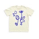 White t-shirt with four lightning blue colored flower doodles 