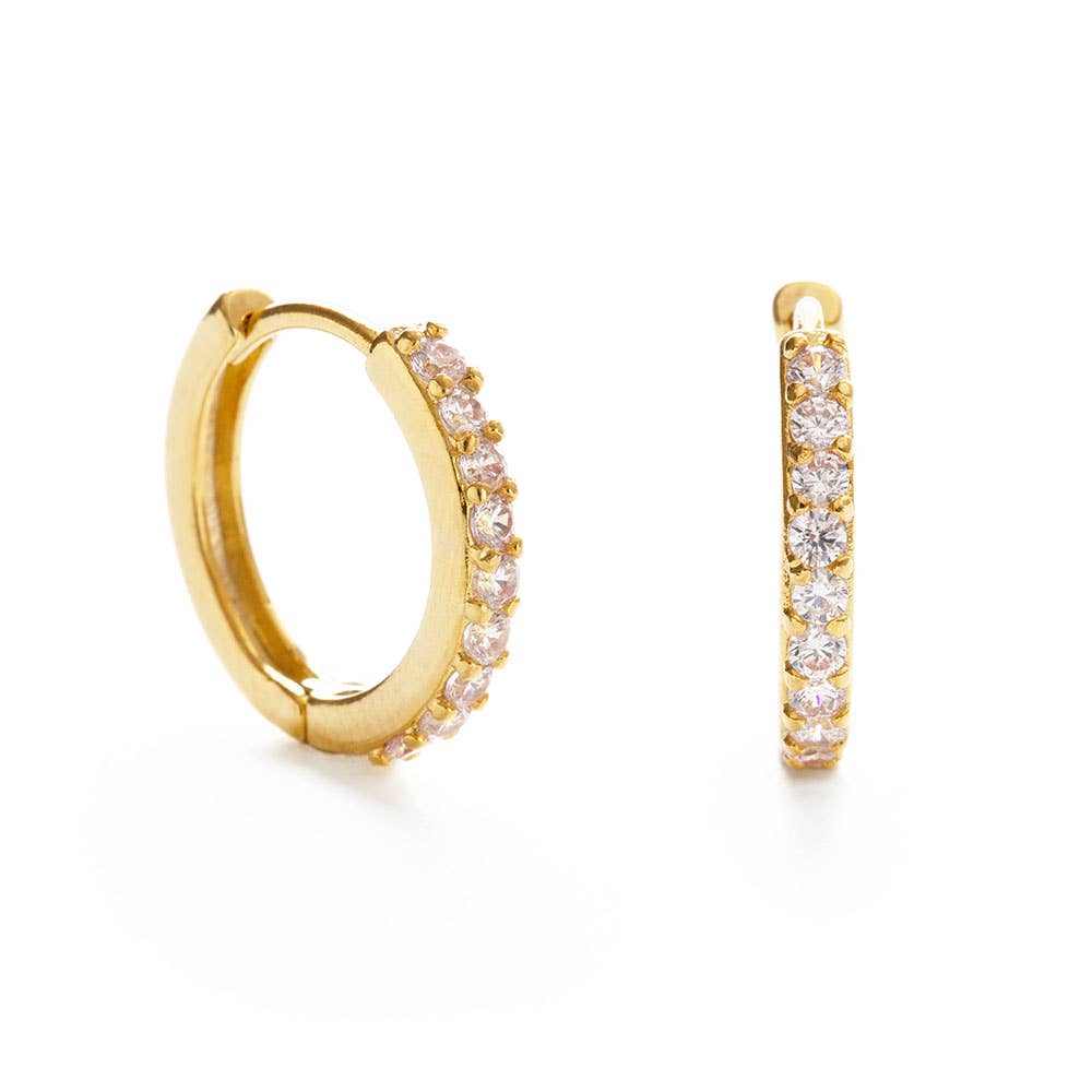 Gold hoop earrings with embedded stones on a white background
