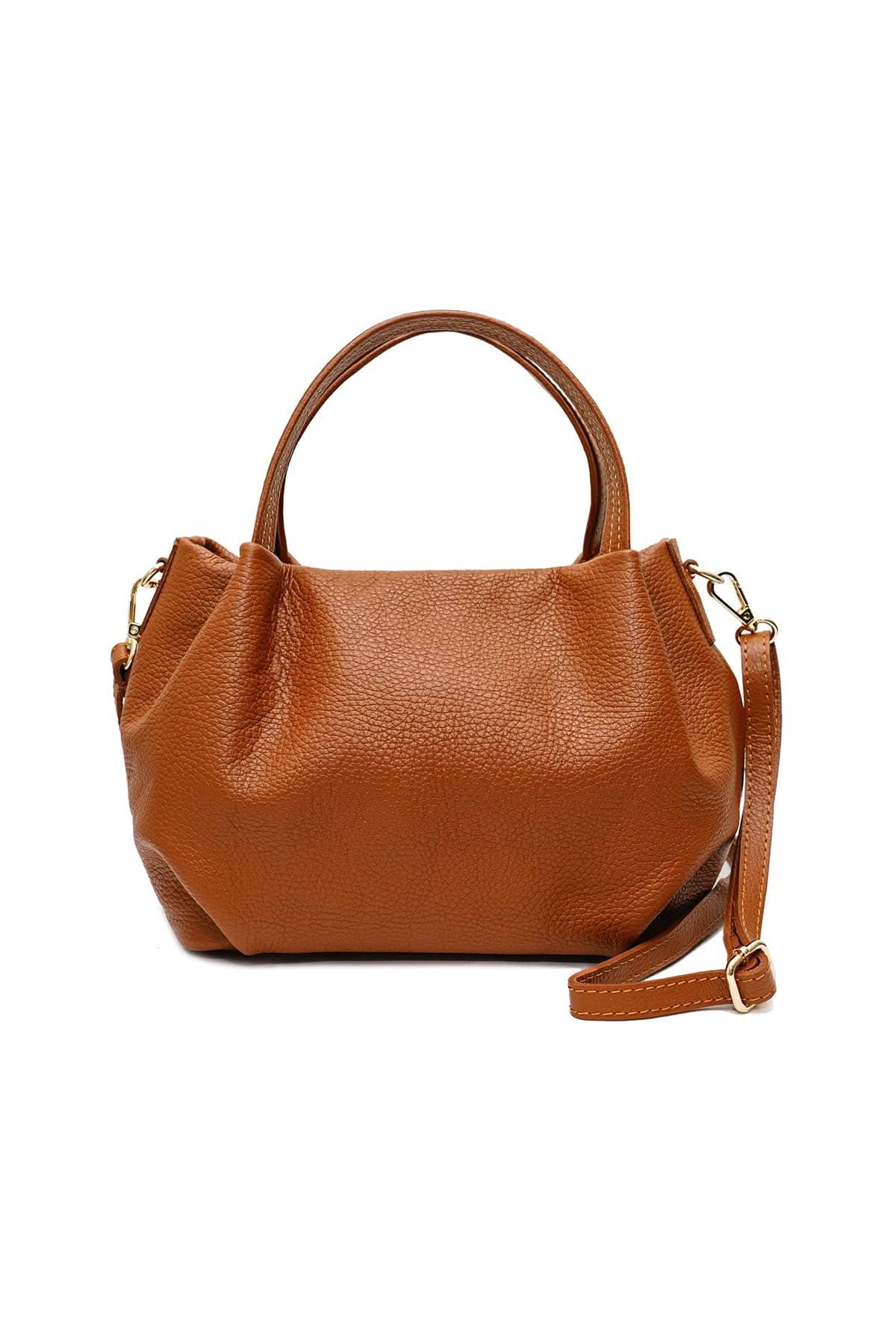 Big chestnut brown leather handbag purse with handles, strap, and gold details 