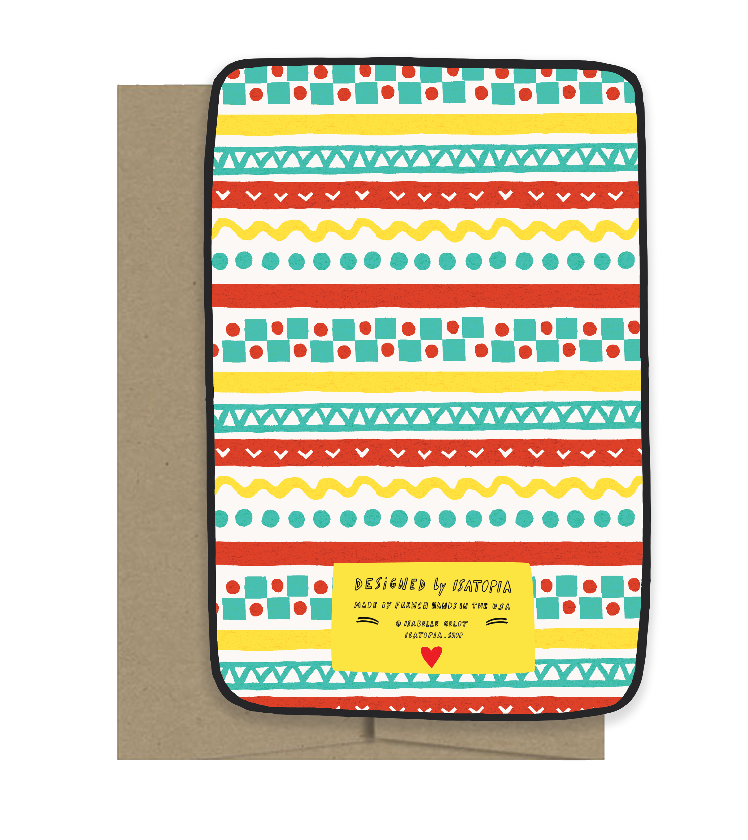 Colorful patterned card with a brown envelope on a white background