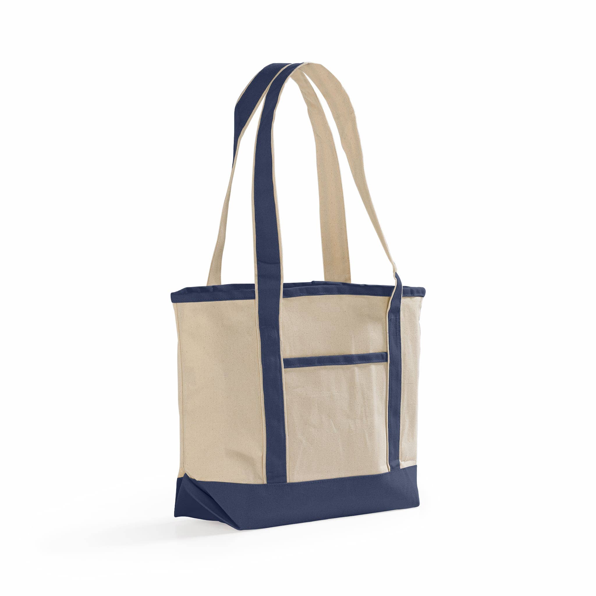 Beige and navy tote bag with a pocket on a white background