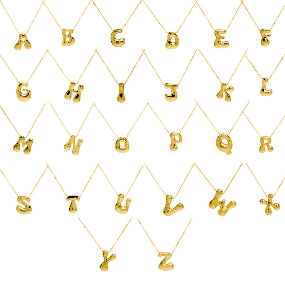 Gold water droplet style initial necklaces with all 26 letters a through z