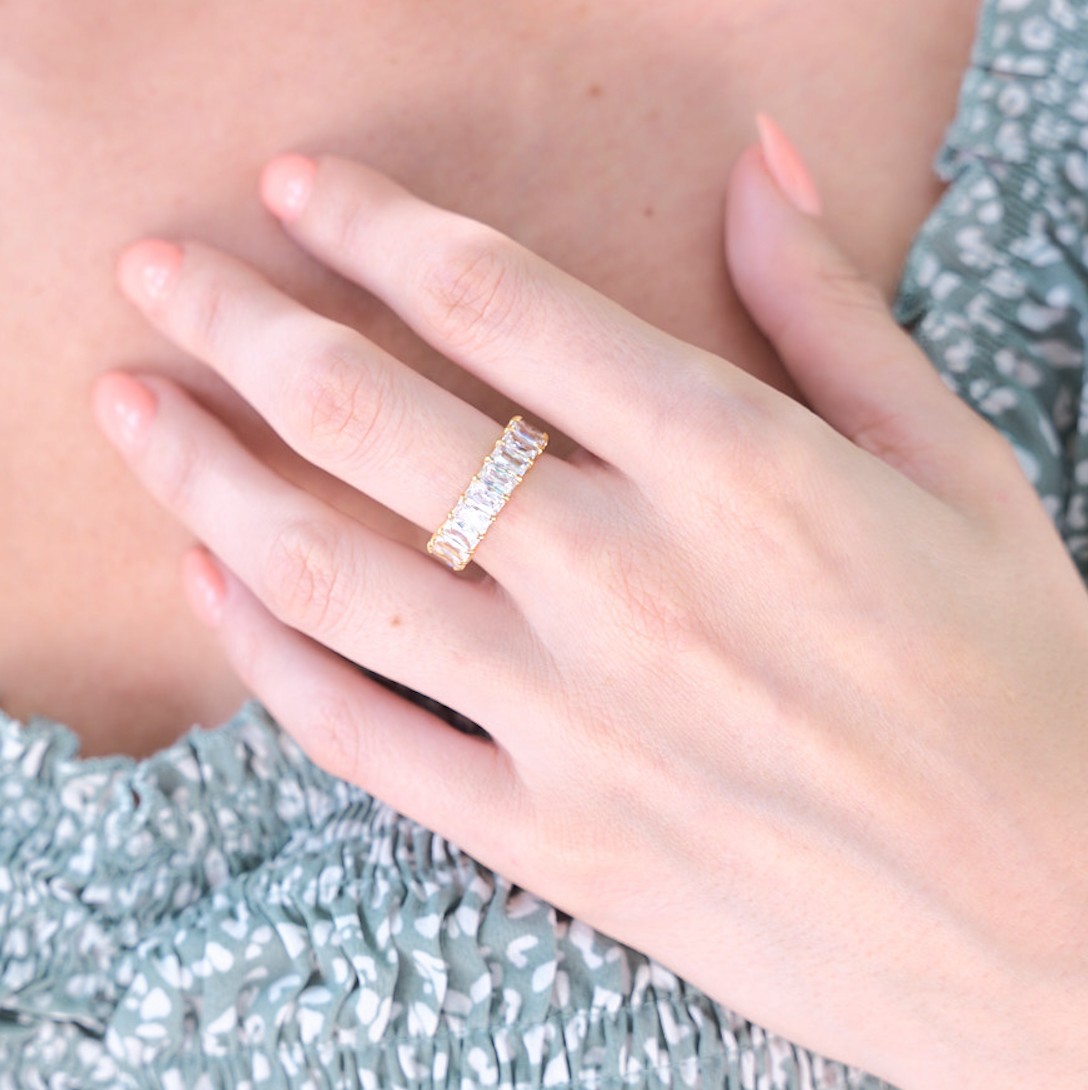 Woman wearing Waterproof gold crystal Cubic zirconia ring 