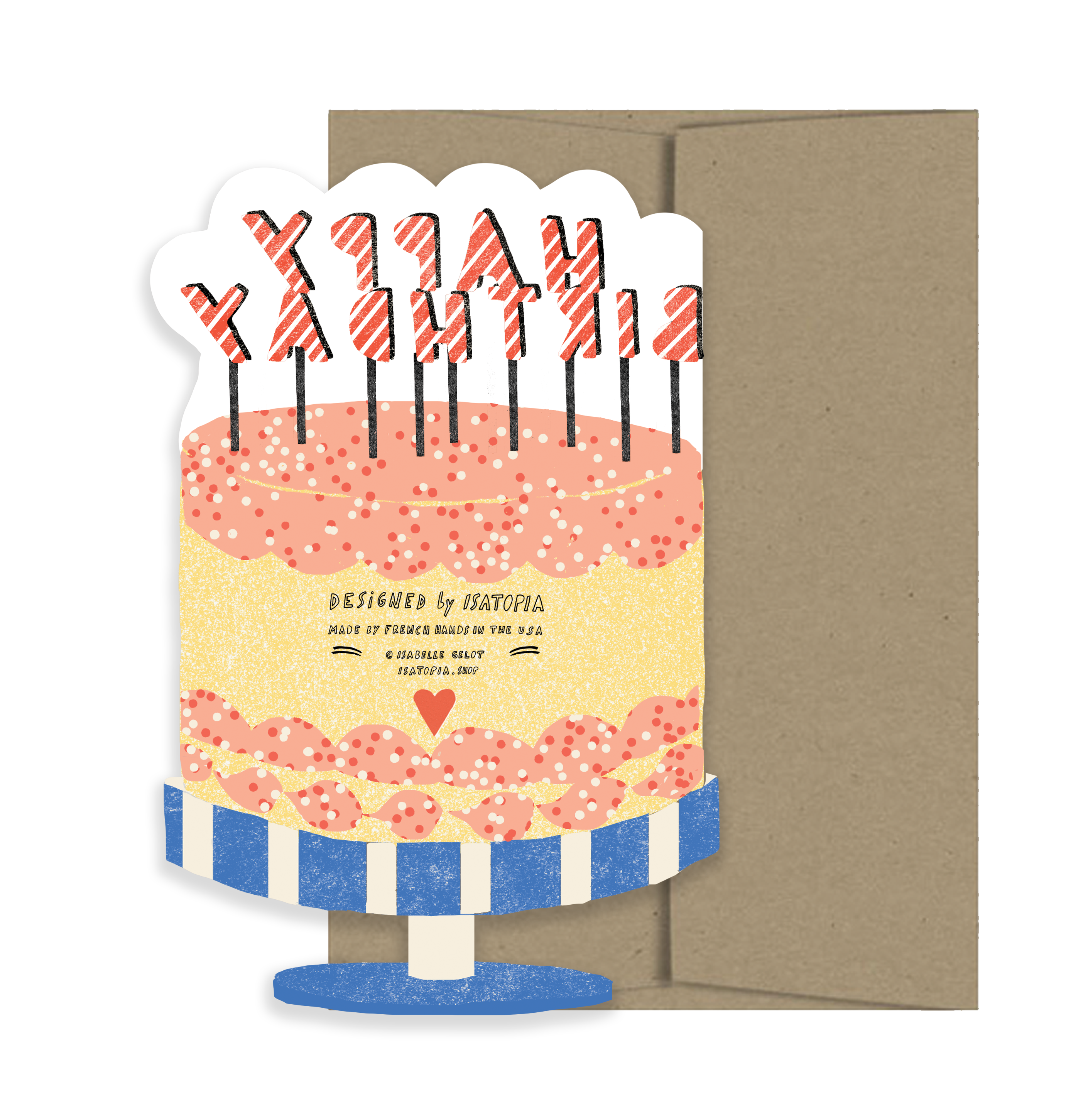Yellow Happy Birthday cake with pink frosting and sprinkles card with a brown envelope. 