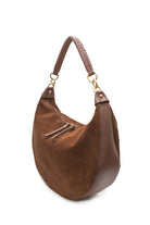 Chestnut brown, real suede bag with gold embellished details and multiple strap options 