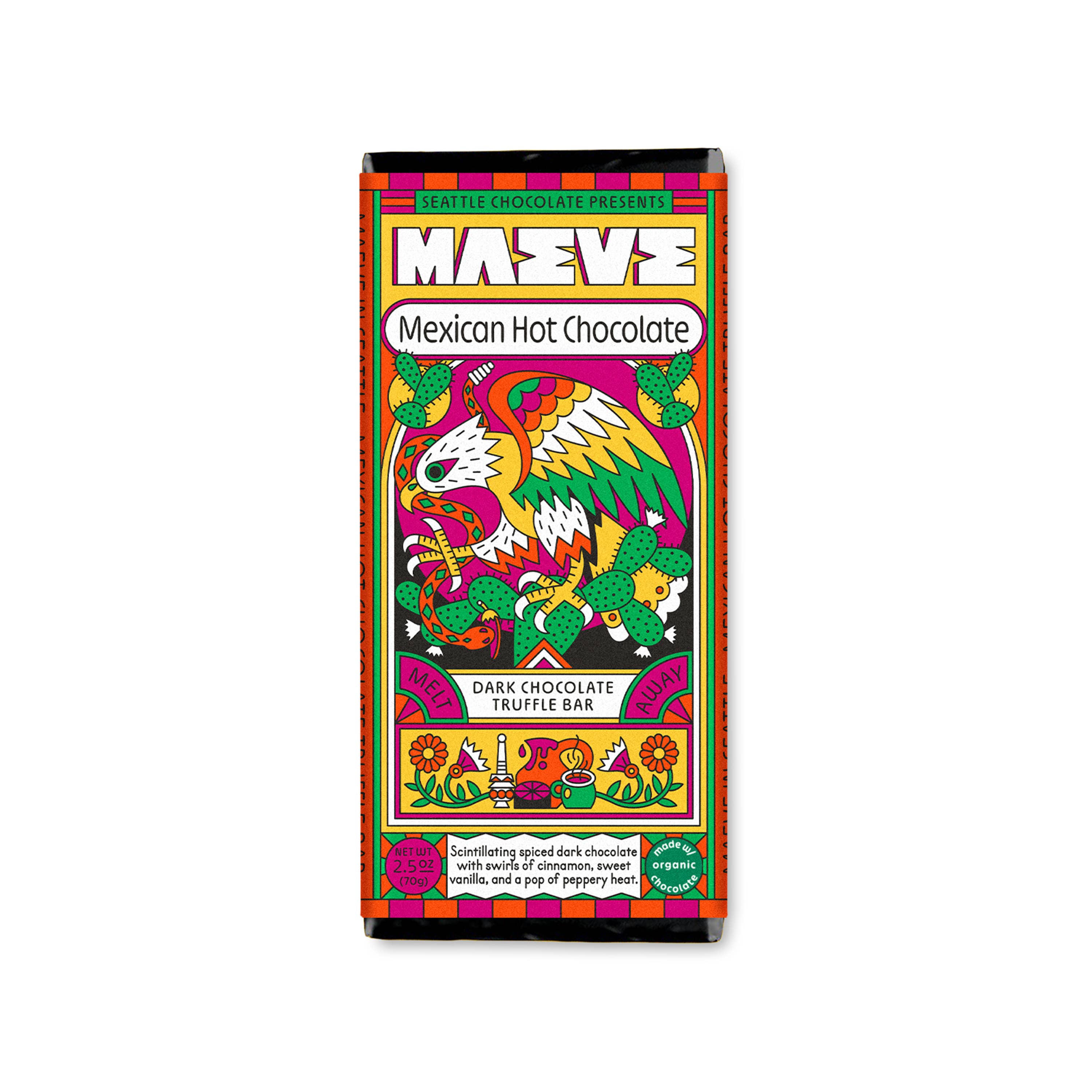Colorful packaging of Maeve Mexican Hot Chocolate on a white background