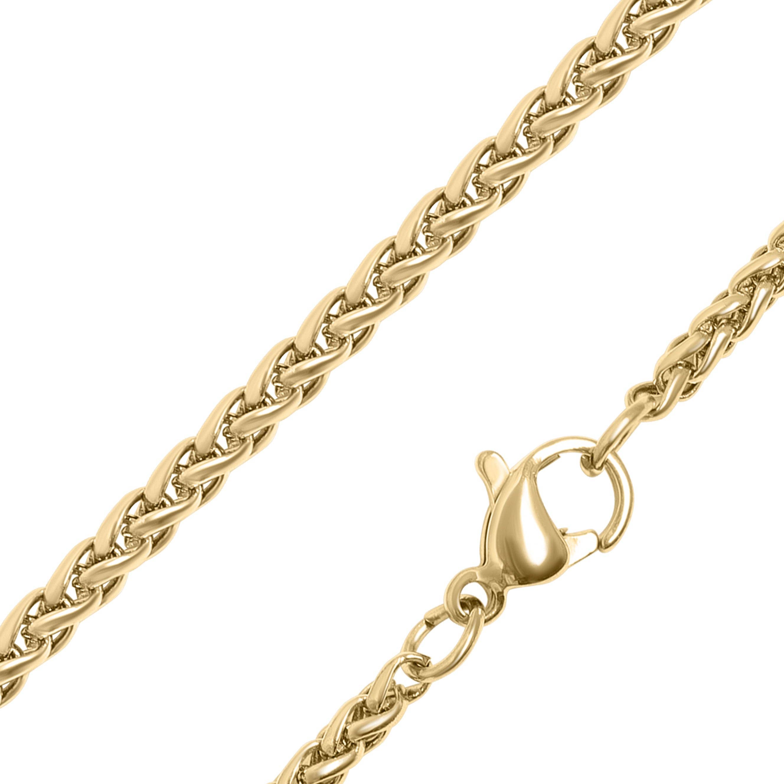 Gold chain necklace with a clasp on a white background
